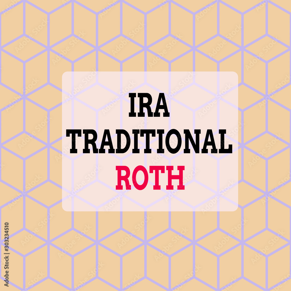 Text sign showing Ira Traditional Roth. Business photo showcasing are tax deductible on both state and federal Seamless Blue Blocks Cubes Yellow Background Depth Deepness Perspective