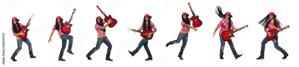 Male musician with guitar isolated on white Male musician with guitar isolated on white
