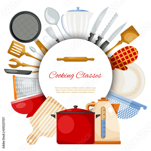 Kitchen utensils and tools round vector illustration pattern. Kitchenware for cooking, glass, porcelain and enamelware located around place for text.