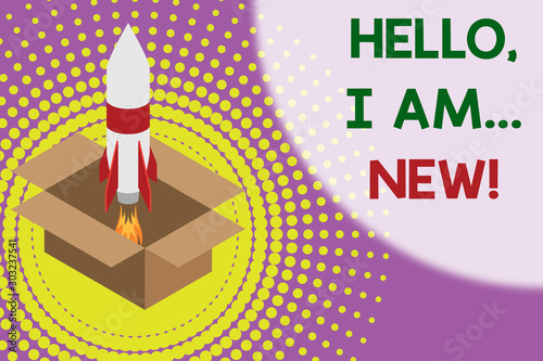 Text sign showing Hello I Am New. Business photo showcasing introducing oneself in a group as fresh worker or student Fire launching rocket carton box. Starting up project. Fuel inspiration