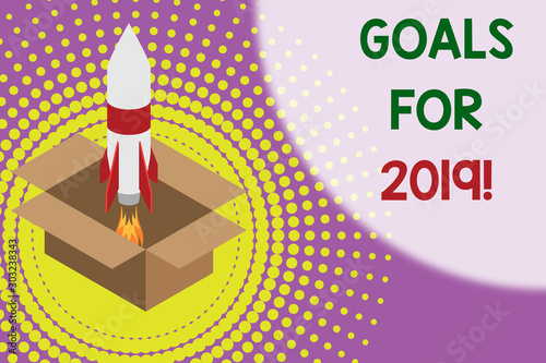 Text sign showing Goals For 2019. Business photo showcasing object of demonstratings ambition or effort aim or desired result Fire launching rocket carton box. Starting up project. Fuel inspiration