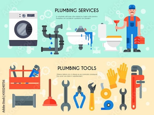 Horizontal web banners of plumbing services, tools vector illustration. Professional plumber with tool case and plunger is standing near plumbing appliances for repair.