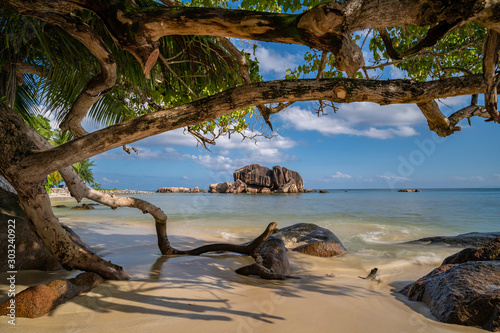 amazing tropical landscape view on the paradise beaches of Seychelles  travel  luxury holiday concept