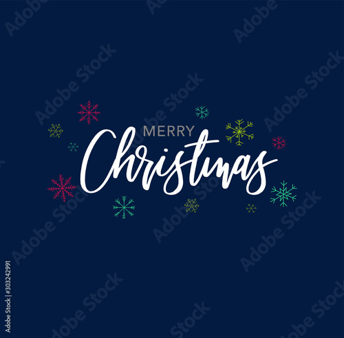 Merry Christmas Holiday Calligraphy Vector Text With Hand Drawn Snowflakes Over Blue Background