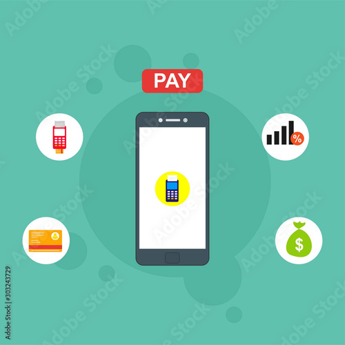 nline payment on phone vector illustration,smartphone with Payment, Security code, Payment sync, e-commerce, Global market website templates. Modern flat style design.