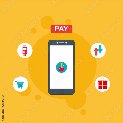 nline payment on phone vector illustration,smartphone with Payment, Security code, Payment sync, e-commerce, Global market website templates. Modern flat style design.