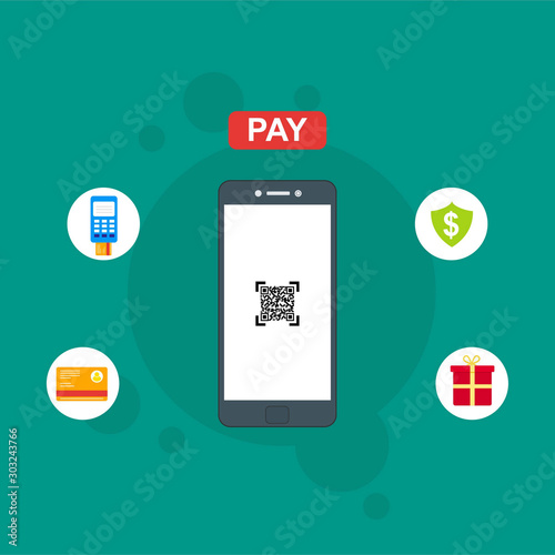 nline payment on phone vector illustration,smartphone with Payment, Security code, Payment sync, e-commerce, Global market website templates. Modern flat style design.