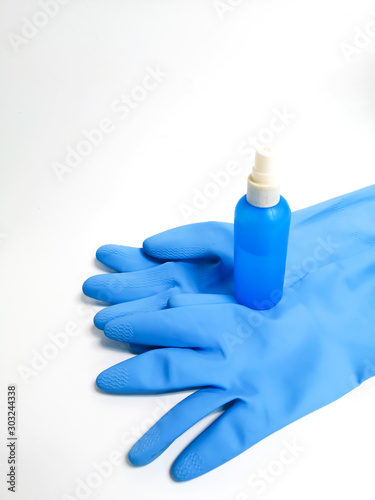 Blue rubber gloves with a cleaning