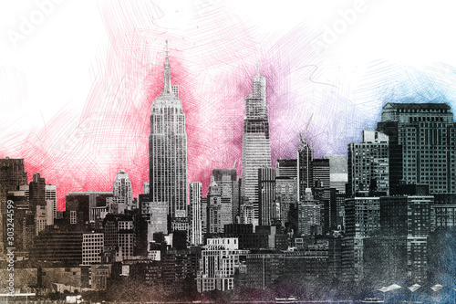 Canvas Print Drawing of a big empty city with pencil style - colorful cityscape with building