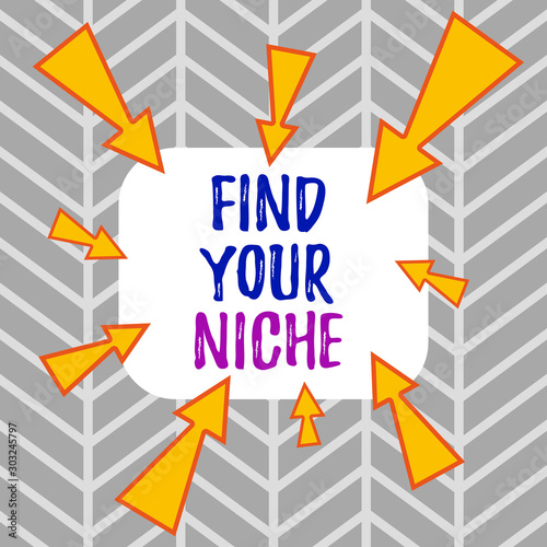 Word writing text Find Your Niche. Business photo showcasing Market study seeking specific potential clients Marketing Asymmetrical uneven shaped format pattern object outline multicolour design © Artur