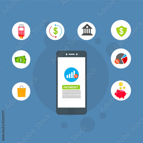 mobile payments, personal data protection. Transfer money from card. Computer and bank card isolated on colored background. Vector illustration