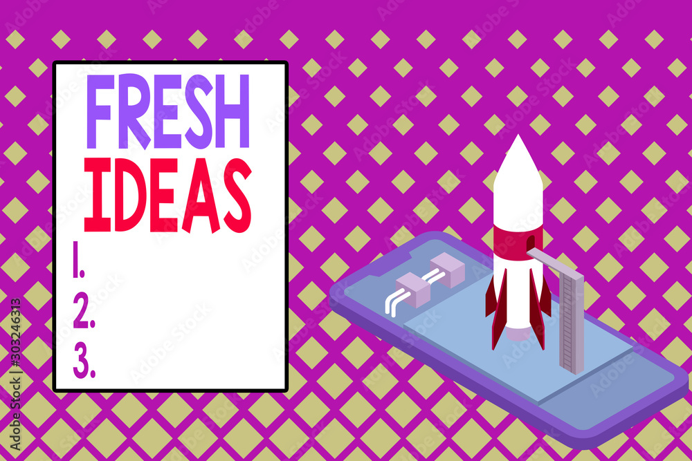 Writing note showing Fresh Ideas. Business concept for the thought or suggestion as to possible course of action Ready to launch rocket lying smartphone. Startup negotiations to begin Writing note showing Fresh Ideas. Business concept for the thought or suggestion as to possible course of action Ready to launch rocket lying smartphone. Startup negotiations to begin