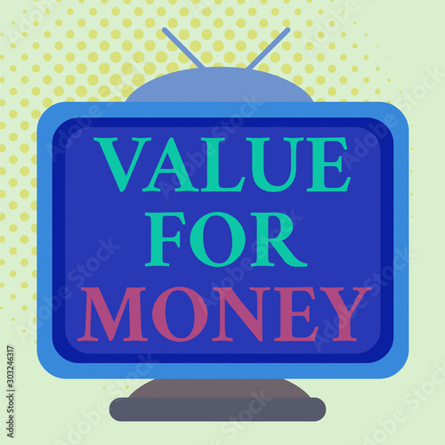 Word writing text Value For Money. Business photo showcasing reference to something is well worth the money spent on it Square rectangle old multicoloured painting television picture wood design © Artur
