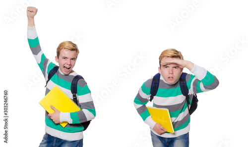 Funny student with books isolated on white