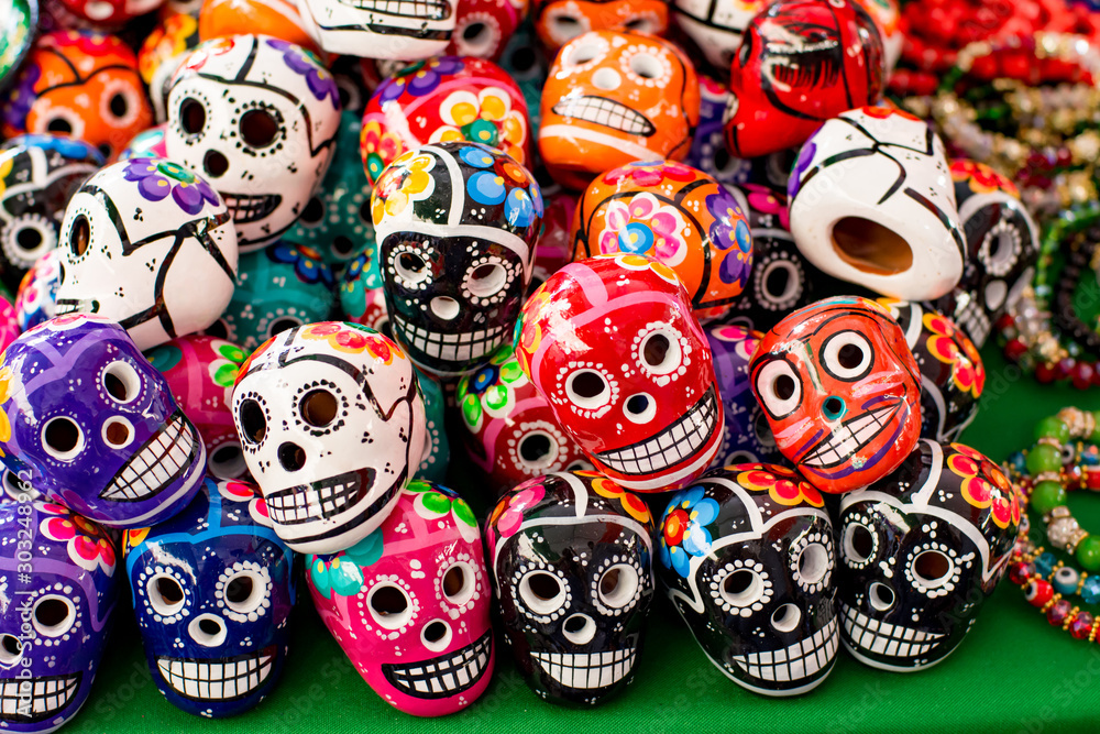 Traditional colored mexican pottery skulls day of the dead