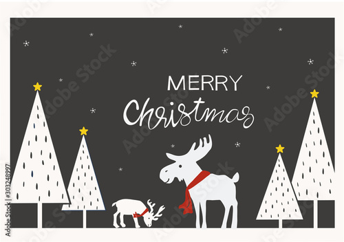 Reindeer and Christmas tree in snow illutrator design card background wallpepar gray photo