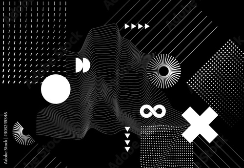 Vector modern abstract background with halftone geometric shapes and textures.