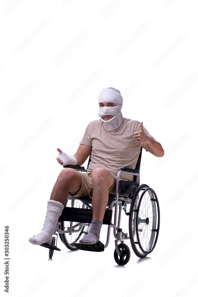 Injured man in wheel-chair isolated on white Injured man in wheel-chair isolated on white