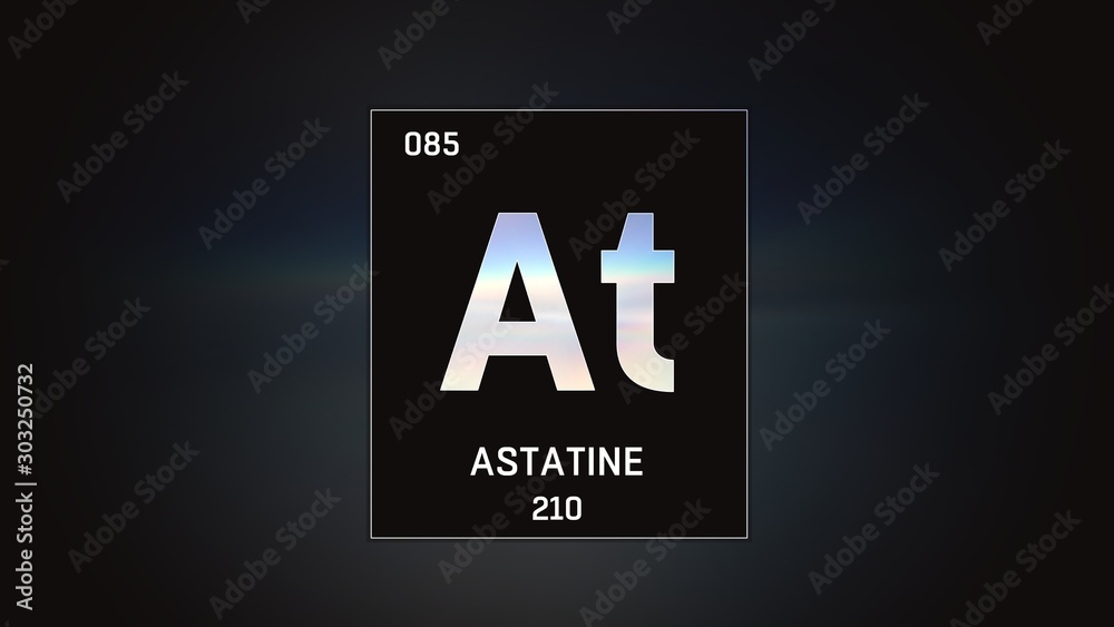 3D illustration of Astatine as Element 85 of the Periodic Table. Grey illuminated atom design background with orbiting electrons. Design shows name, atomic weight and element number 3D illustration of Astatine as Element 85 of the Periodic Table. Grey illuminated atom design background with orbiting electrons. Design shows name, atomic weight and element number