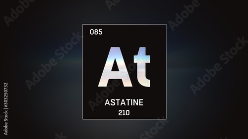 3D illustration of Astatine as Element 85 of the Periodic Table. Grey illuminated atom design background with orbiting electrons. Design shows name, atomic weight and element number