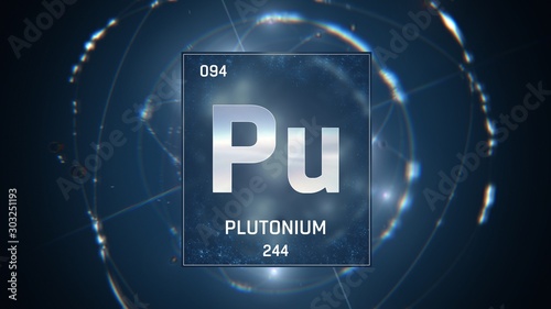 3D illustration of Plutonium as Element 94 of the Periodic Table. Blue illuminated atom design background with orbiting electrons. Design shows name, atomic weight and element number