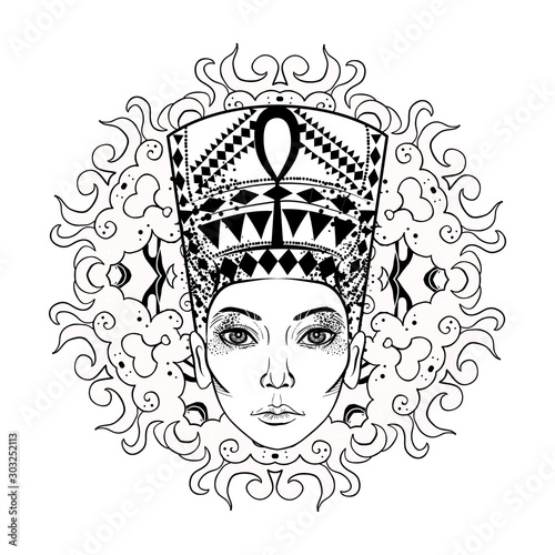 Hand-drawn illustration of the ancient Nefertiti's head at boho, gypsy, vintage style. Tattoo art, graphic, t-shirt design, postcard, poster design, coloring books, spirituality, occultism.