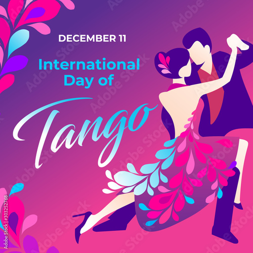 Vector EPS 10 illustration of international tango day in Argentina. Poster  banner for social media  card  art  flyer  invitation  brochure with dancing couple. The woman in the floral pink dress.