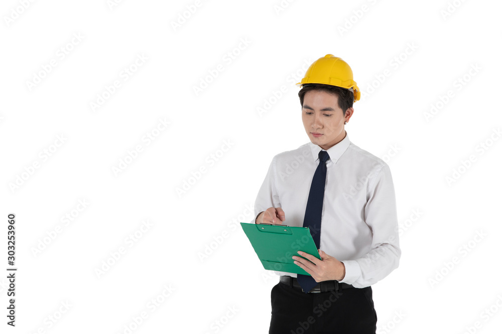Asian construction engineer / site manager with safety hat pointing on notepad isolated on white background. Asian construction engineer / site manager with safety hat pointing on notepad isolated on white background.
