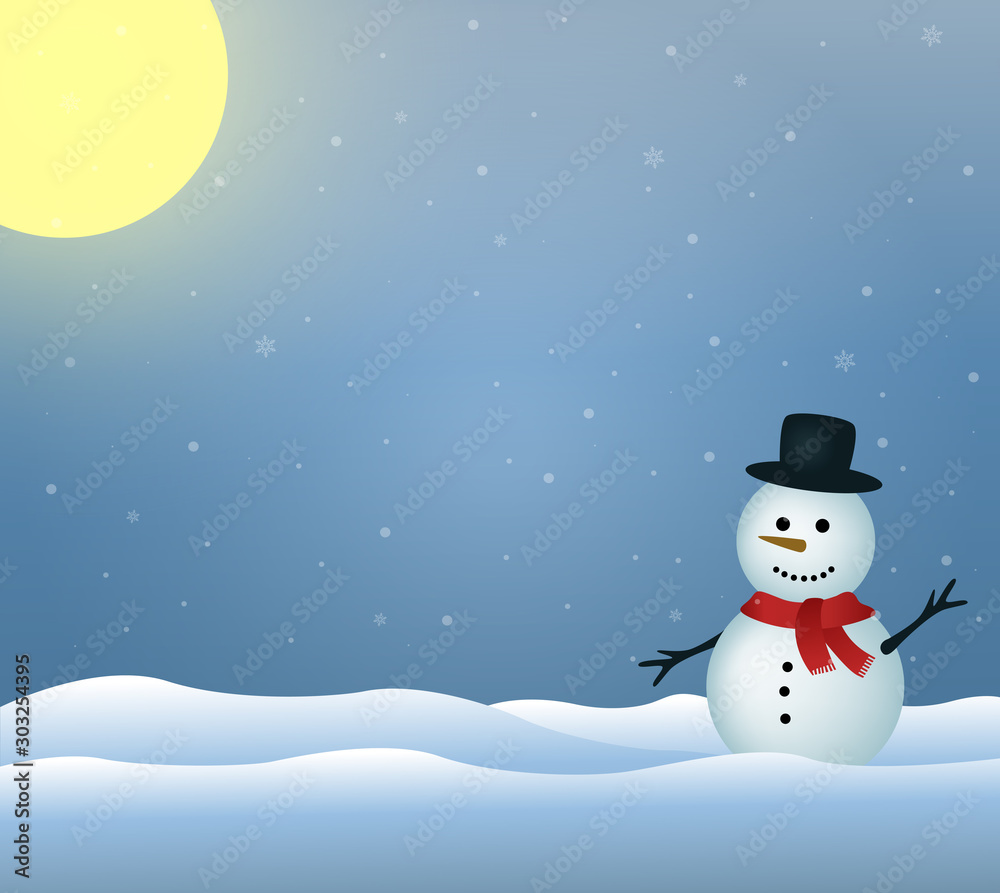 Illustration of a snowman in the winter. Christmas time and view of yellow moon in blue background. Illustration of a snowman in the winter. Christmas time and view of yellow moon in blue background.