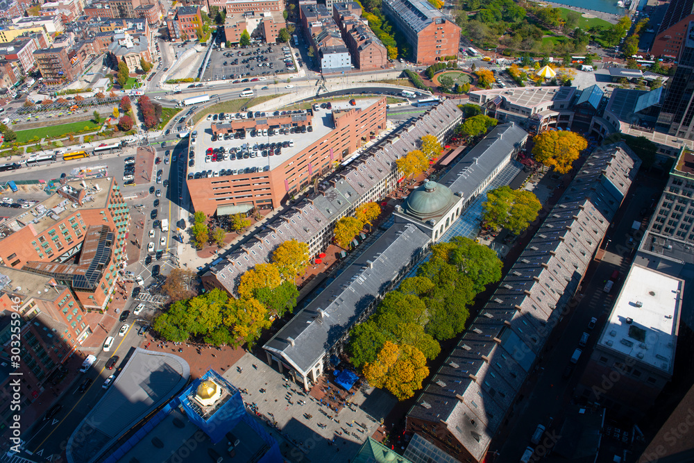 Boston Quincy Market, South Market and North Market aerial view, Boston, Massachusetts, MA, USA.