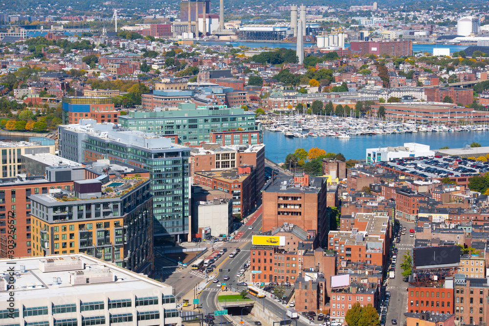 Boston Hanover Street in North End and Boston Harbor aerial view, Boston, Massachusetts, MA, USA.
