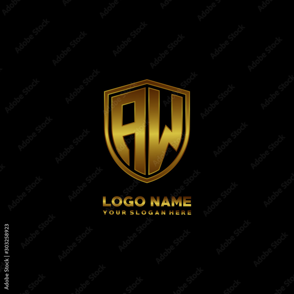 Initial letters AW shield shape gold monogram logo. Shield Secure Safe logo design inspiration Initial letters AW shield shape gold monogram logo. Shield Secure Safe logo design inspiration