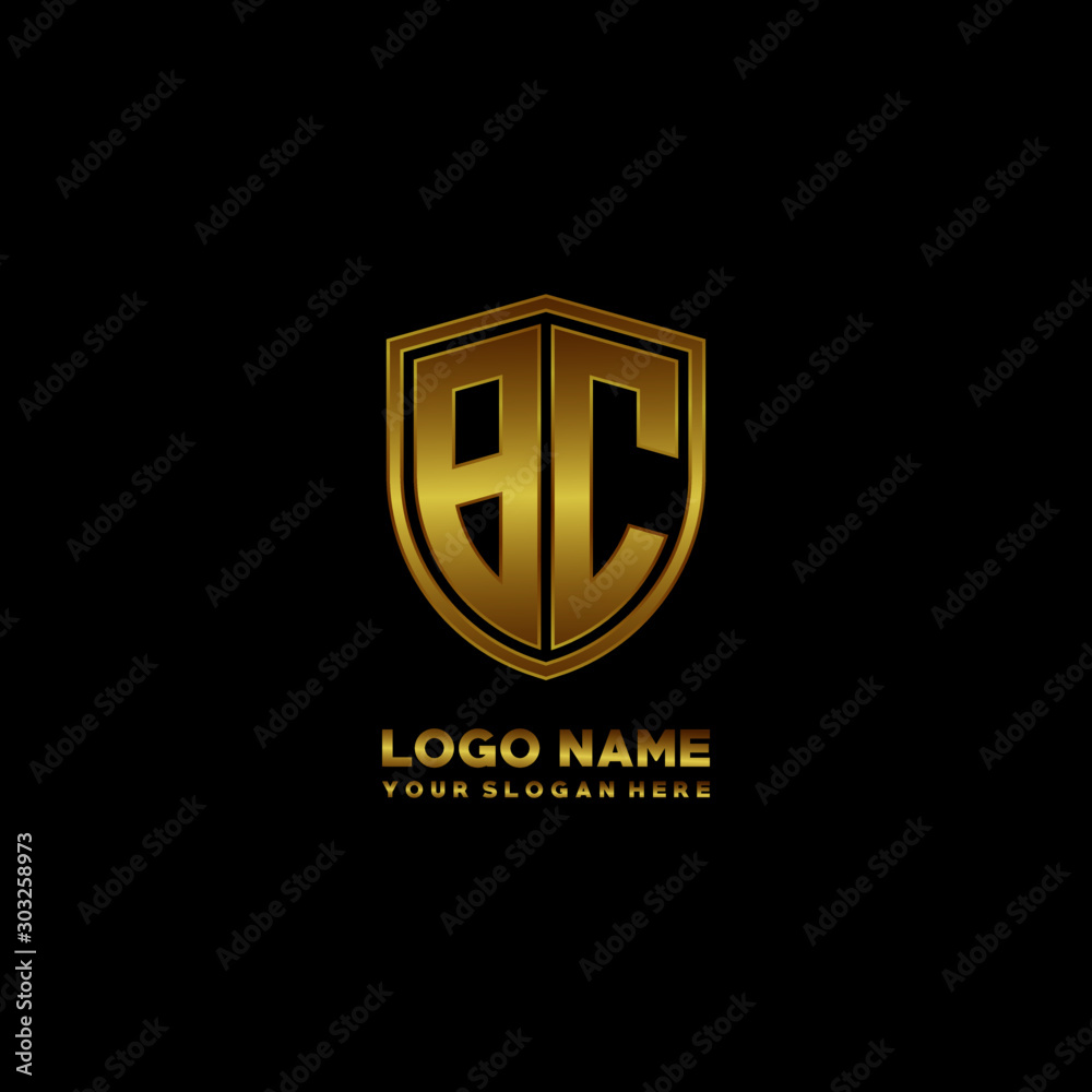 Initial letters BC shield shape gold monogram logo. Shield Secure Safe logo design inspiration Initial letters BC shield shape gold monogram logo. Shield Secure Safe logo design inspiration