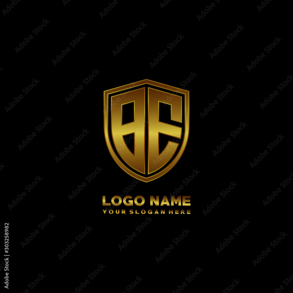 Initial letters BE shield shape gold monogram logo. Shield Secure Safe logo design inspiration Initial letters BE shield shape gold monogram logo. Shield Secure Safe logo design inspiration