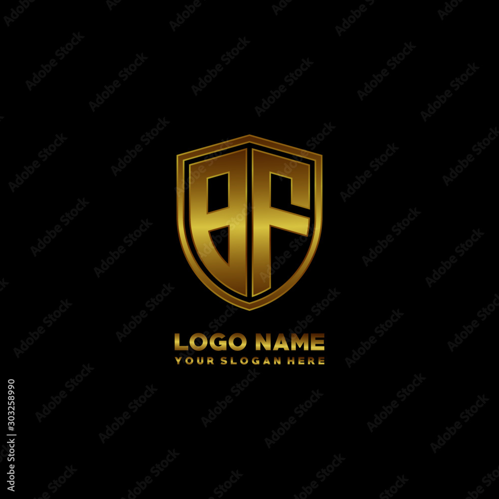 Initial letters BF shield shape gold monogram logo. Shield Secure Safe logo design inspiration Initial letters BF shield shape gold monogram logo. Shield Secure Safe logo design inspiration