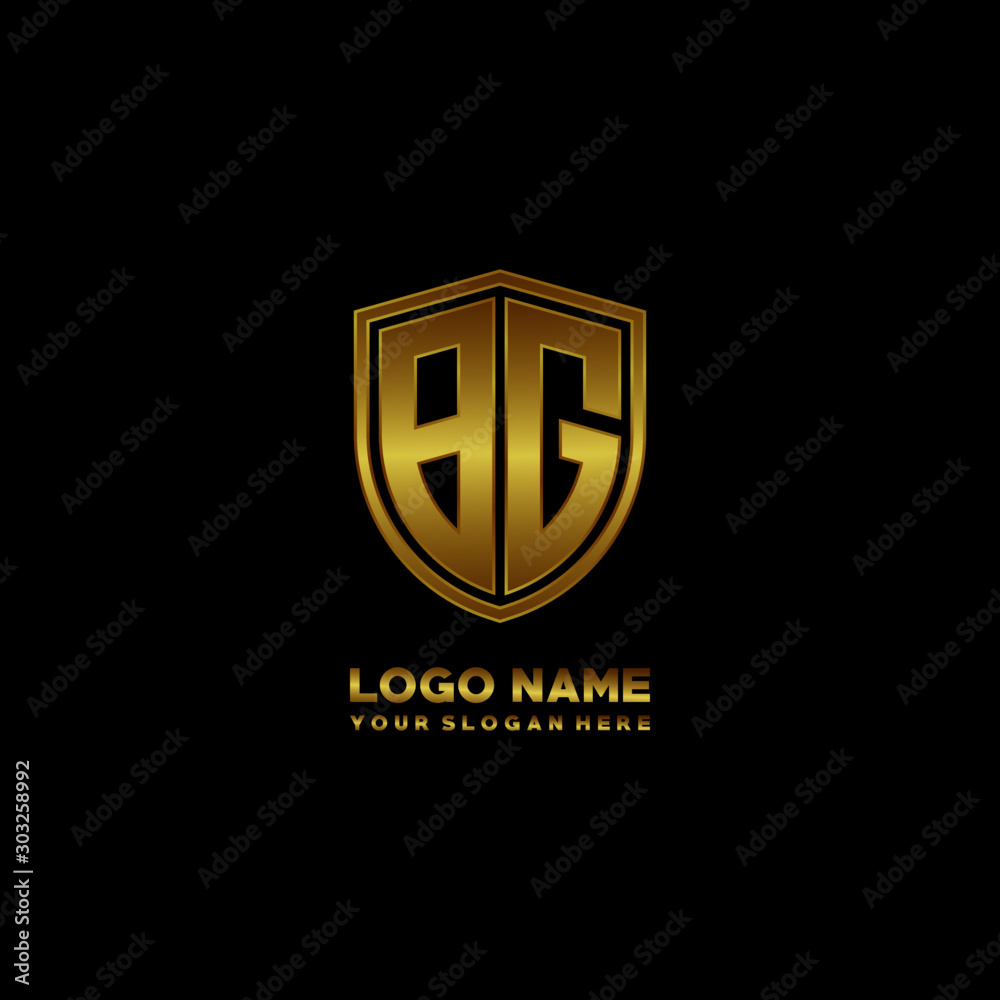 Initial letters BG shield shape gold monogram logo. Shield Secure Safe logo design inspiration Initial letters BG shield shape gold monogram logo. Shield Secure Safe logo design inspiration
