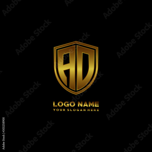 Initial letters AO shield shape gold monogram logo. Shield Secure Safe logo design inspiration