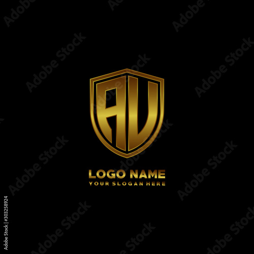 Initial letters AU, AV shield shape gold monogram logo. Shield Secure Safe logo design inspiration