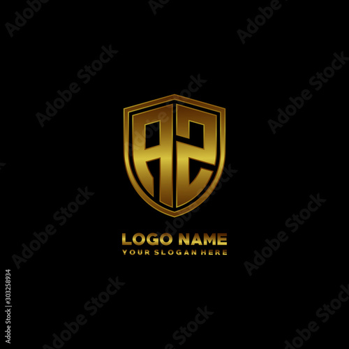 Initial letters AZ shield shape gold monogram logo. Shield Secure Safe logo design inspiration