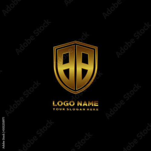 Initial letters BB shield shape gold monogram logo. Shield Secure Safe logo design inspiration