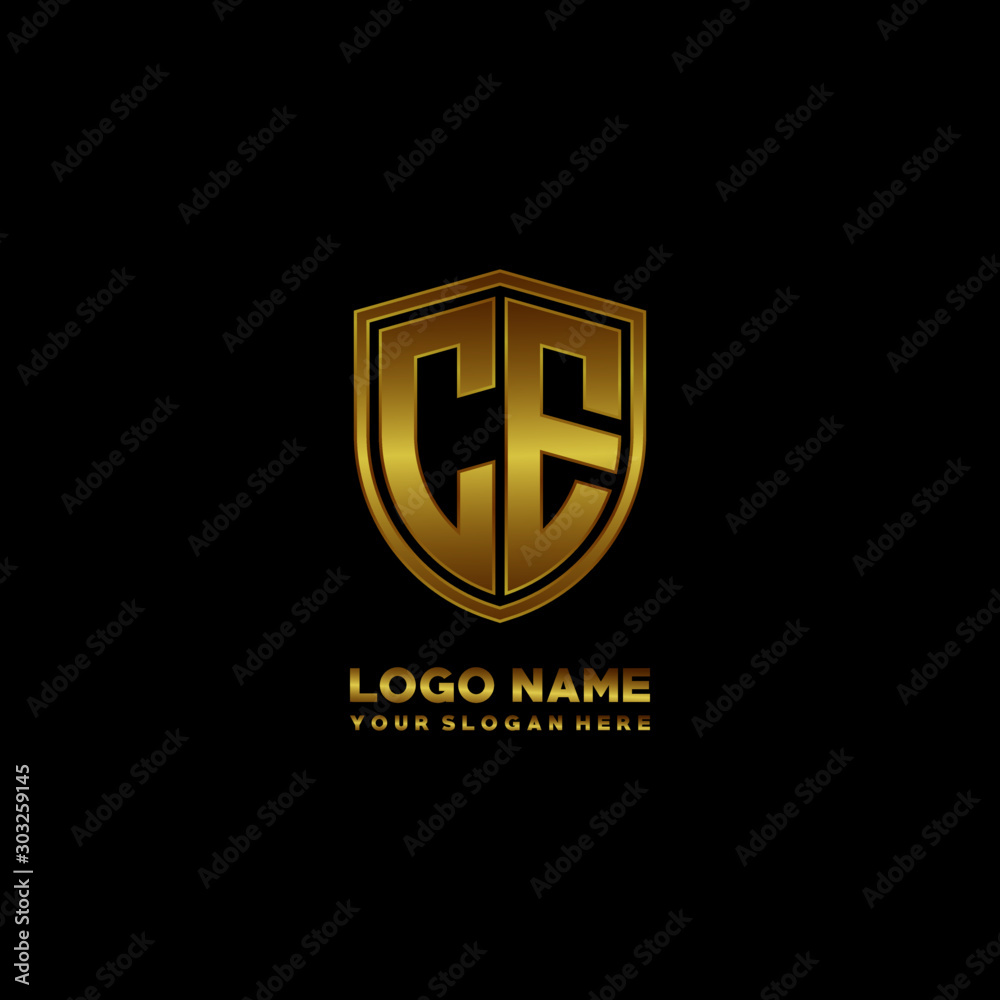 Initial letters CE shield shape gold monogram logo. Shield Secure Safe logo design inspiration Initial letters CE shield shape gold monogram logo. Shield Secure Safe logo design inspiration