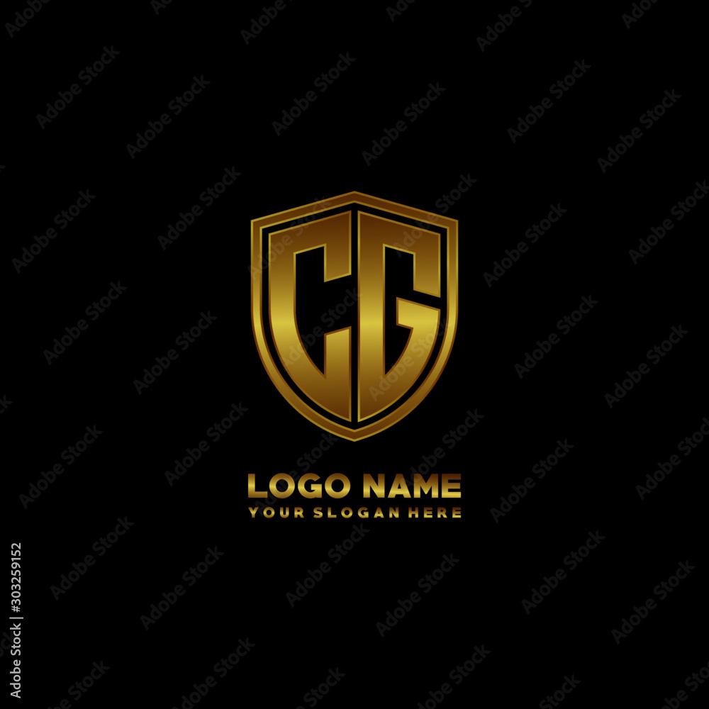 Initial letters CG shield shape gold monogram logo. Shield Secure Safe logo design inspiration Initial letters CG shield shape gold monogram logo. Shield Secure Safe logo design inspiration