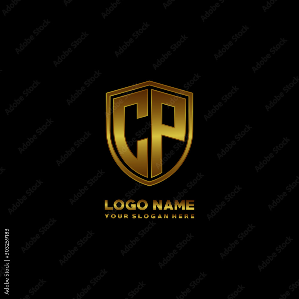 Initial letters CP shield shape gold monogram logo. Shield Secure Safe logo design inspiration Initial letters CP shield shape gold monogram logo. Shield Secure Safe logo design inspiration