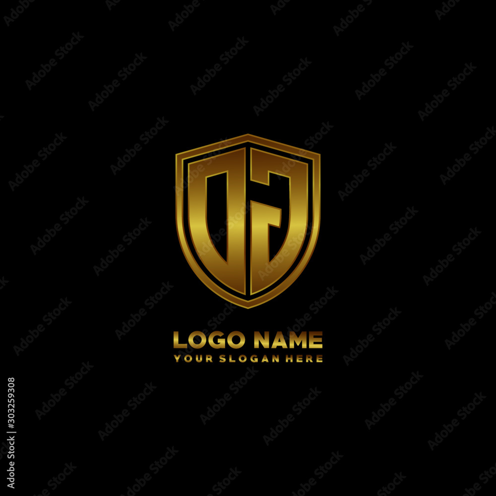 Initial letters DJ shield shape gold monogram logo. Shield Secure Safe logo design inspiration Initial letters DJ shield shape gold monogram logo. Shield Secure Safe logo design inspiration