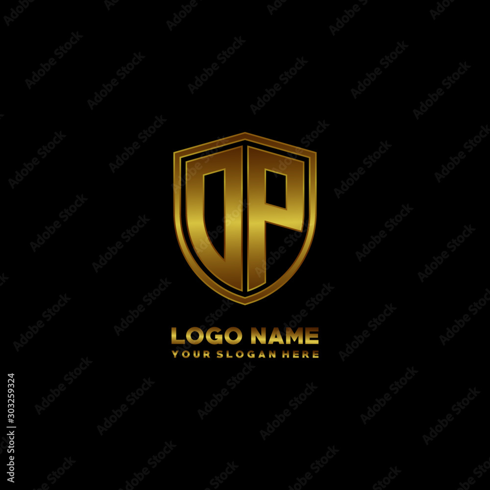 Initial letters DP shield shape gold monogram logo. Shield Secure Safe logo design inspiration Initial letters DP shield shape gold monogram logo. Shield Secure Safe logo design inspiration