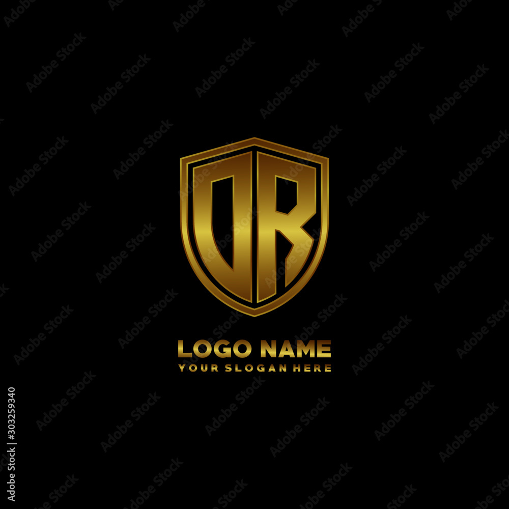 Initial letters DR shield shape gold monogram logo. Shield Secure Safe logo design inspiration Initial letters DR shield shape gold monogram logo. Shield Secure Safe logo design inspiration