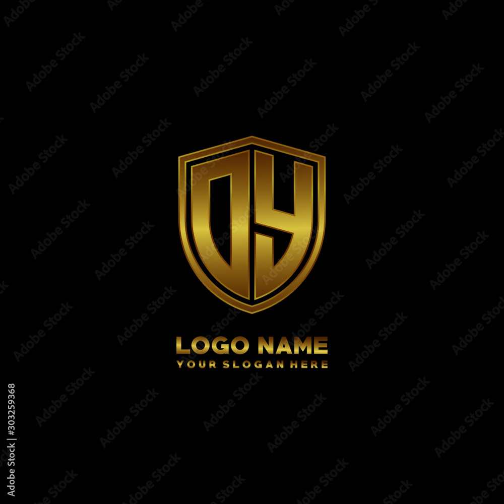 Initial letters DY shield shape gold monogram logo. Shield Secure Safe logo design inspiration