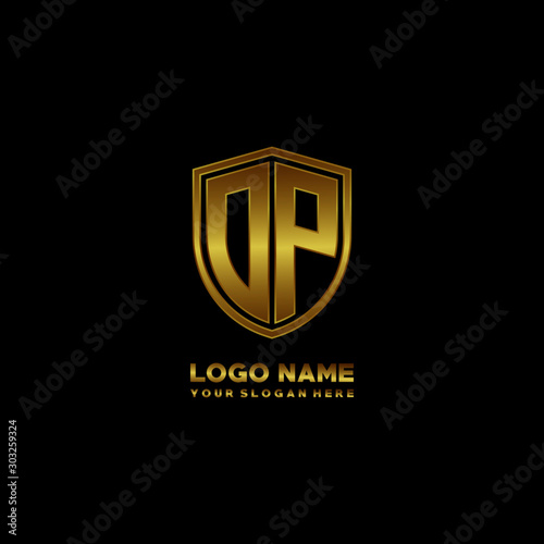 Initial letters DP shield shape gold monogram logo. Shield Secure Safe logo design inspiration