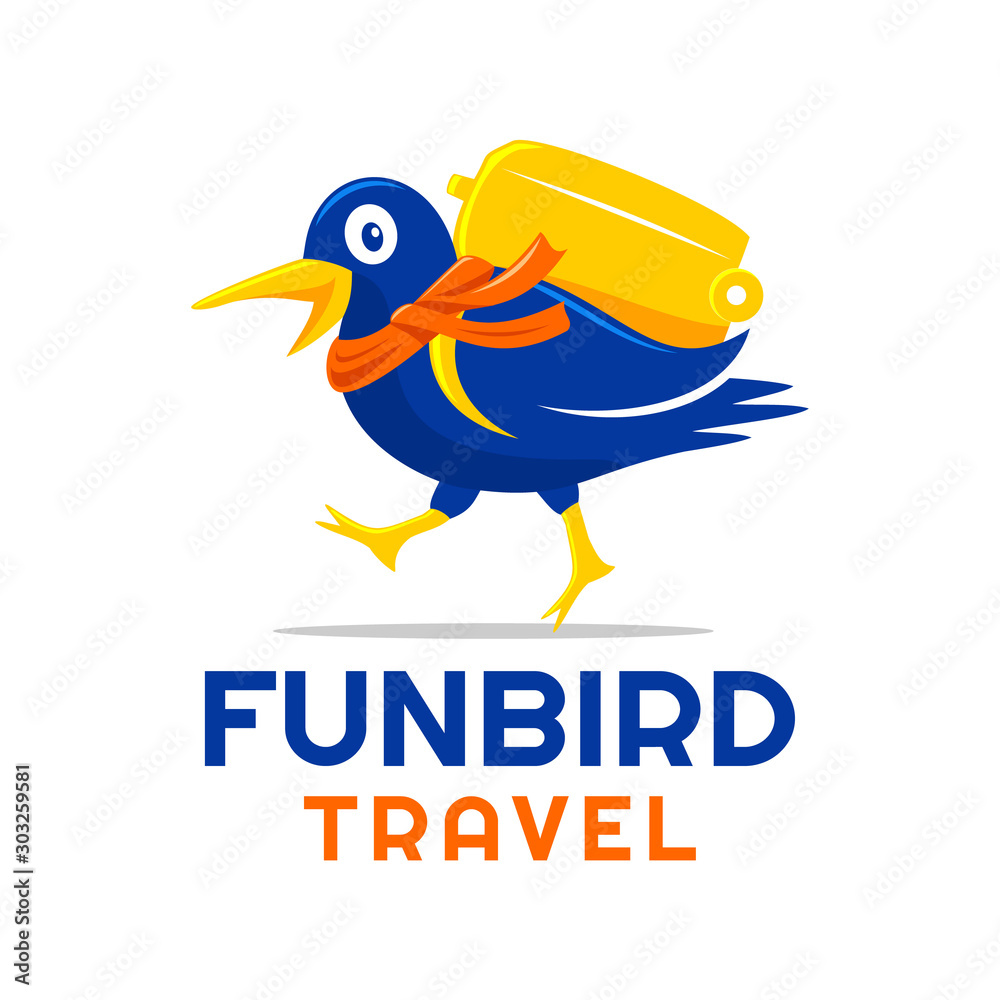 Obraz premium Fun bird walking with scraf travel recreation holiday logo design