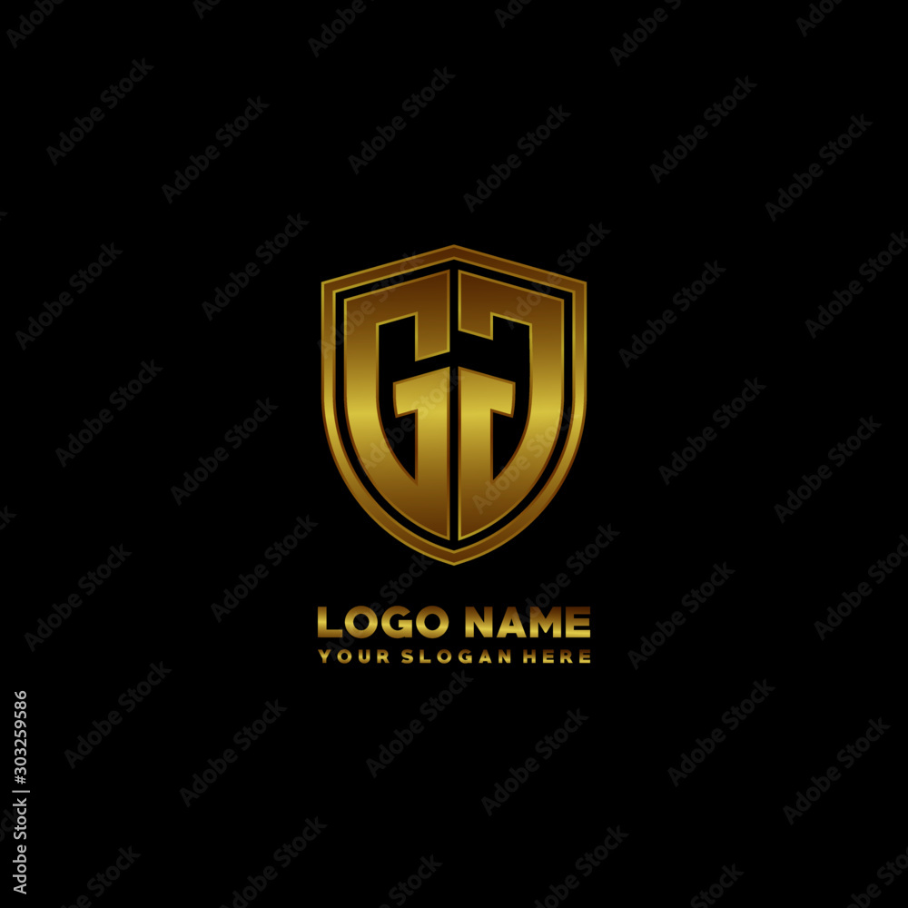 Initial letters GJ shield shape gold monogram logo. Shield Secure Safe logo design inspiration Initial letters GJ shield shape gold monogram logo. Shield Secure Safe logo design inspiration